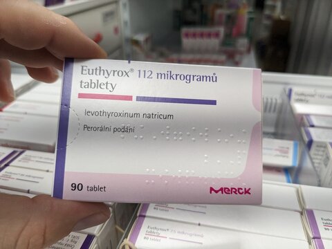 Prague, Czech Republic - July 10 2024: EUTHYROX box of medication with LEVOTHYROXINE active substance by MERCK, used for treatment of hypothyroidism and thyroid hormone replacement.

