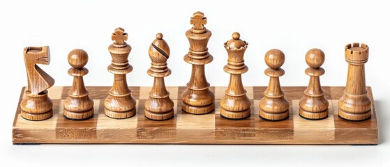 Wooden chess pieces arranged on a board in a row. Elegant and classic design, perfect for strategy game enthusiasts and home decor.