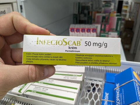 Prague, Czech Republic - July 10 2024: INFECTOSCAB box of medication with PERMETHRIN active substance by INFECTOPHARM, used for treatment of scabies.

