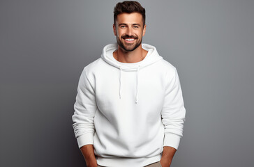 Fototapeta premium Handsome Man Smiling Confidently While Wearing a Stylish White Hoodie Against a Plain Gray Background in a Studio Setting