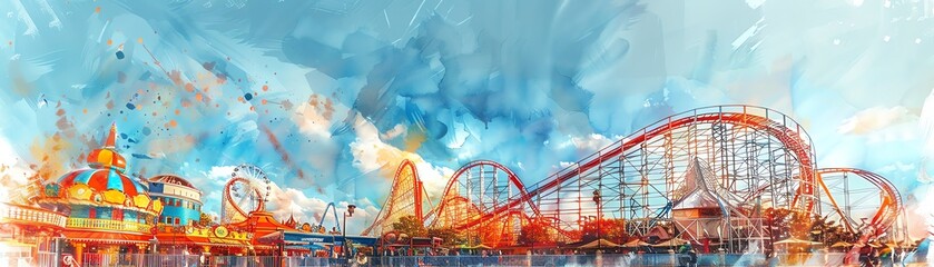 Watercolor Painting Amusement Park Roller