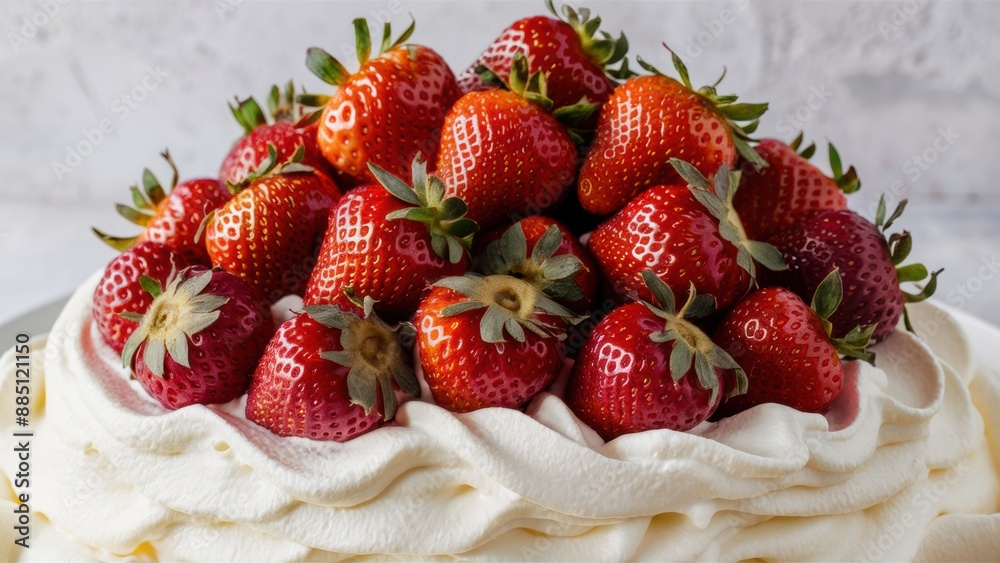 Poster A close up of a cake topped with strawberries and whipped cream, AI