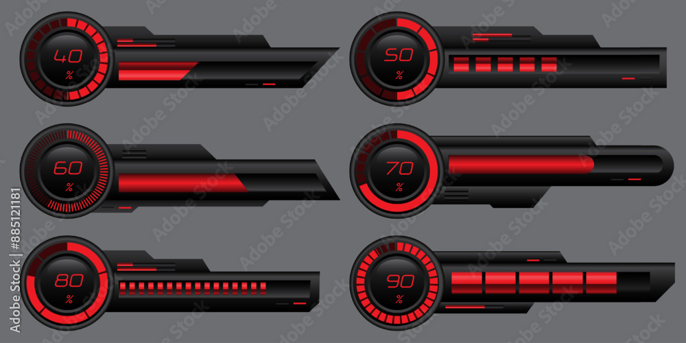 Poster set of hud modern loading progress bars user interface elements design technology cyber red black me