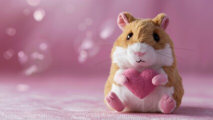 Fototapeta premium A small stuffed animal holding a heart shaped object on pink background, AI