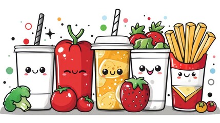 bold and easy kawaii food and snacks coloring page for kids, white background