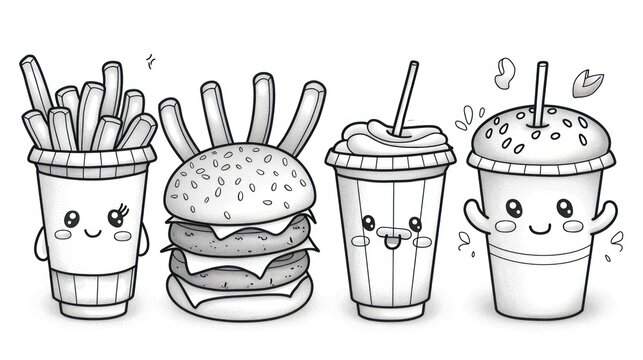 bold and easy kawaii food and snacks coloring page for kids, white background