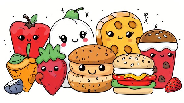bold and easy kawaii food and snacks coloring page for kids, white background