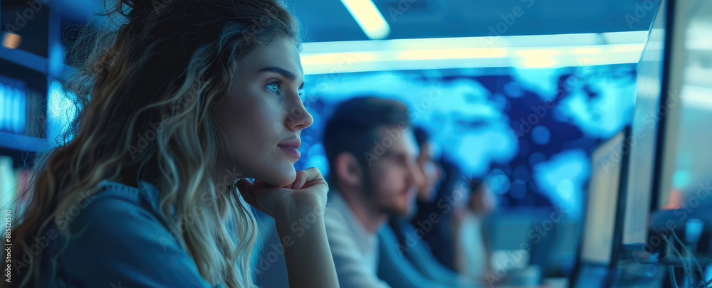 Aufkleber A group of white people learning in an office with a blue filter. Generative AI.