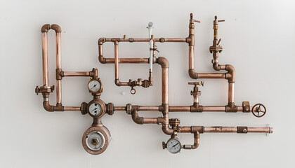 Fototapeta premium Copper valves and pipes on a white wall