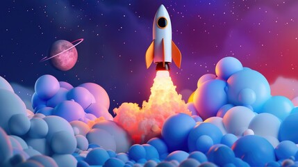 Launching new product or service. Technology development process. Space rocket launch. 3d render. 3d illustration