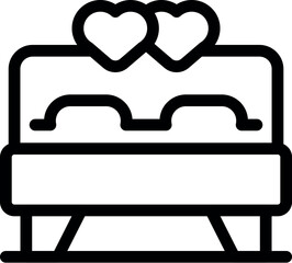 Simple black and white icon of a double bed with two pillows and two hearts representing a couple in love