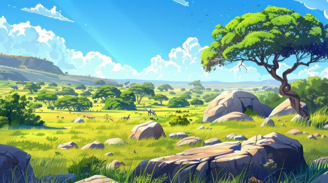 Landscape of the green savannah, wild nature of Africa, cartoon background with rocks and plain grasslands under blue skies. Kenya panorama view, parallax scene, modern illustration.