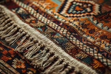 A detailed shot of a Persian rug showcasing its intricate patterns and colorful textures, with a focus on the fringe at the edge