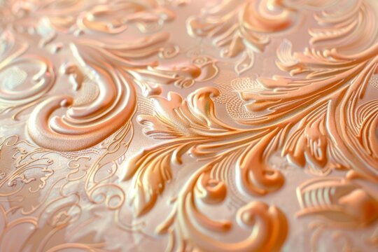 A close-up photograph captures the intricate details of a metallic gold damask pattern embossed on a soft peach background