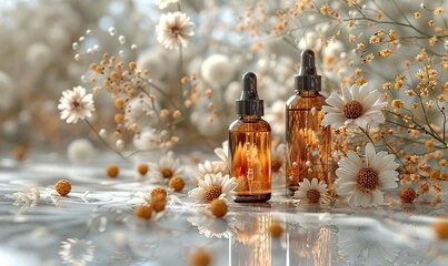 amber glass cosmetic bottles,dry flowers on marble background set of natural organic spa beauty products