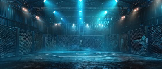 Professional mma cage arena with spotlights