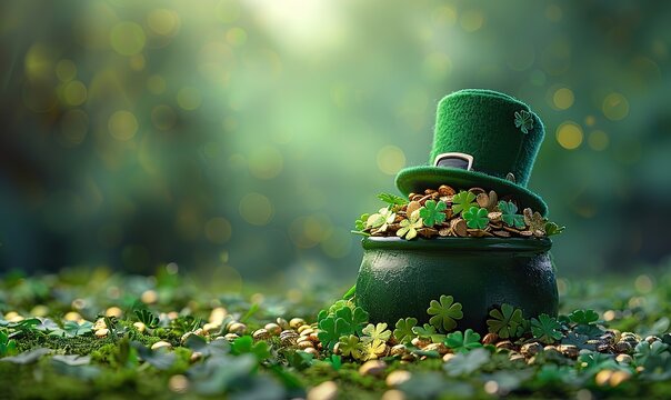 st patricks day banner,irish elf hats pot of gold shamrock leaf clovers glasses on green background happy st patrick s day concept greeting card template poster flyer mockup - Powered by Adobe