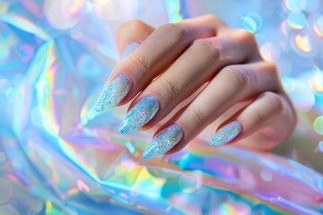Close-up of hand with pastel blue glitter nails in pointed shape against iridescent background, creating vibrant visual