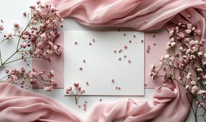 blank white invitation card,pink envelopes,gypsophila branches wedding stationery set flat lay top view copy space