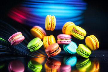 Obraz premium Falling macarons of different colors on a dark background.