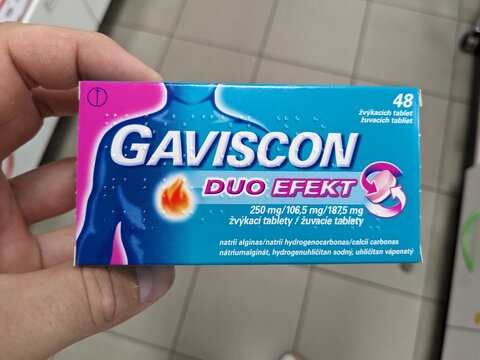Prague, Czech Republic - July 10 2024: GAVISCON box of medication with SODIUM ALGINATE active substance by RECKITT BENCKISER, used for treatment of acid reflux and heartburn.


