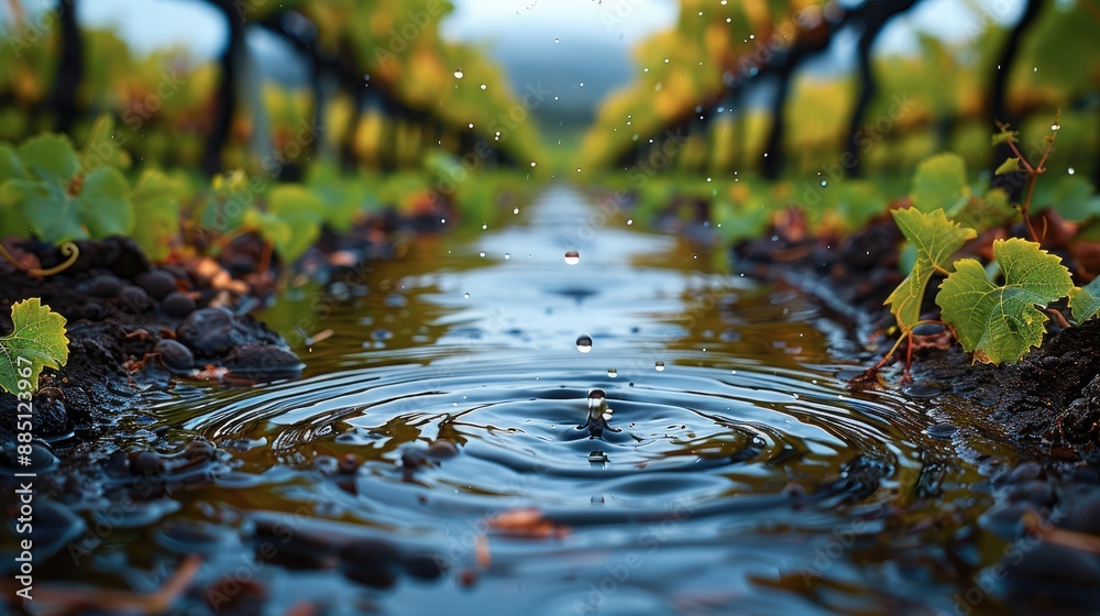 Poster Raindrops creating tiny ripples in puddles within a vineyard. Generative AI.