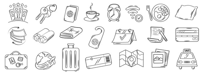 Hotel or hostel doodle icon set. Tourism, travel hand drawn illustrations on white background.