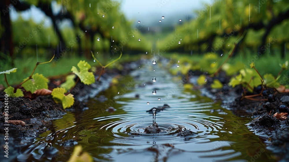 Aufkleber Raindrops creating tiny ripples in puddles within a vineyard. Generative AI.