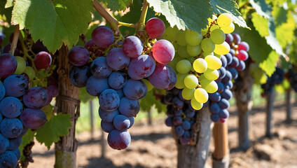 Fototapeta premium Close-up of grape clusters in a vineyard, featuring ripe red and green grapes, highlighting the richness and diversity of viticulture.