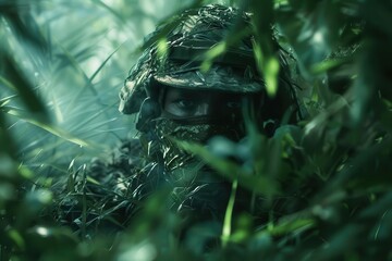 mysterious jungle hunter camouflaged among lush foliage intense gaze pierces through dense vegetation shafts of misty light filter through canopy creating atmospheric chiaroscuro effect