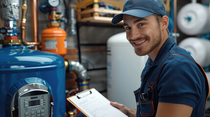 A smiling technician in a blue uniform and cap servicing a home water heater system, holding a clipboard and pen, portraying professionalism, maintenance work. Generative AI.