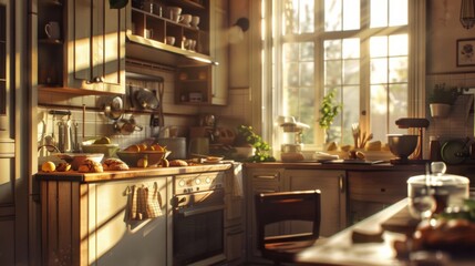 Cozy kitchen with morning light. Fresh bread and plants on the counter add charm. Sunlight streams through the window, offering a warm ambiance.