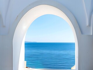 An arched gateway with picturesque views of Santorini's beaches and azure waters