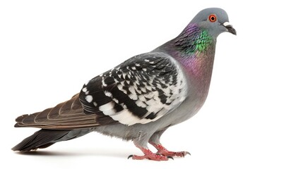 German pigeon with plumed feet against white backdrop