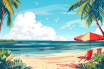Naklejka premium Summer Vacation Loungers On Sea Beach Landscape Beautiful Seascape Banner Seaside Holiday Vector Illustration