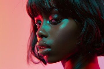 Fototapeta premium A young Black woman with a chic textured bob haircut looks directly at the camera with a neutral expression. Her skin is glowing in the colorful studio lighting