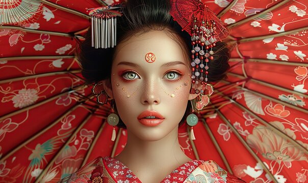 portrait of a geisha in kimono,an umbrella digital art