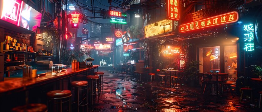 Fototapeta Cyberpunk style bar or cafe. Night scene of big city 