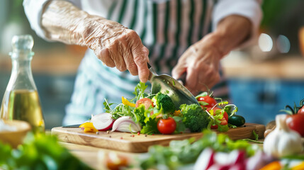 Close-up of senior chef's hands chopping fresh vegetables for a salad in a kitchen, showcasing healthy cooking and culinary expertise.