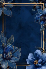 Elegant dark blue floral frame with gold geometric accents for invitation or background design