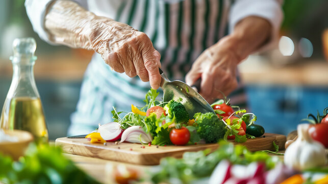 Close-up of senior chef's hands chopping fresh vegetables for a salad in a kitchen, showcasing healthy cooking and culinary expertise.