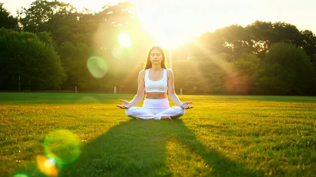 Woman meditating in a sunlit park during sunrise