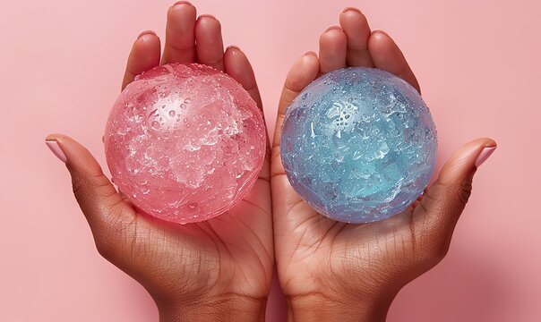 female hands holding two ice globes for facials on pink background