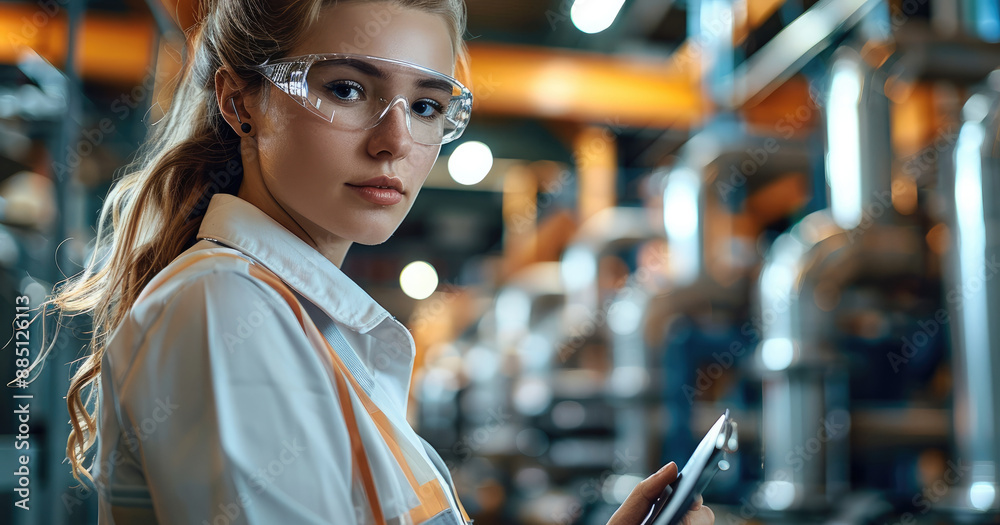 Aufkleber Engineer woman working with industrial service workflow. Generative AI.
