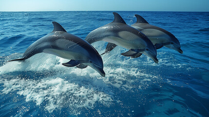 Naklejka premium Three adult dolphins jumped out of the seawater at the same time during the day, photo
