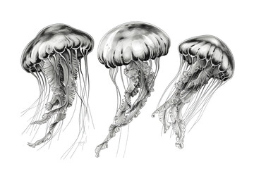 Jellyfish drawing in pencil sketch style, isolated on transparent background