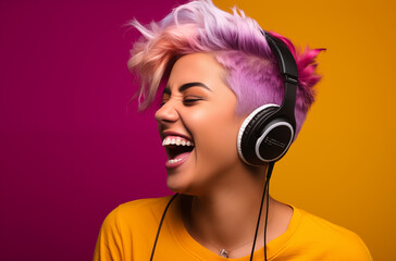 Joyful Young Woman with Vibrant Pink and Purple Hair Laughing and Listening to Music with Headphones Against a Colorful Background