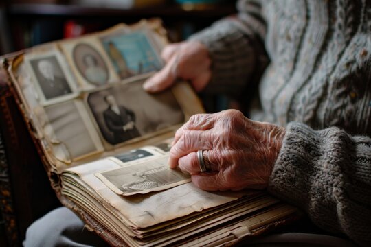 A close-up of an elderly man's hands holding a vintage photo album, reminiscing and smiling as he looks at old memories - Powered by Adobe