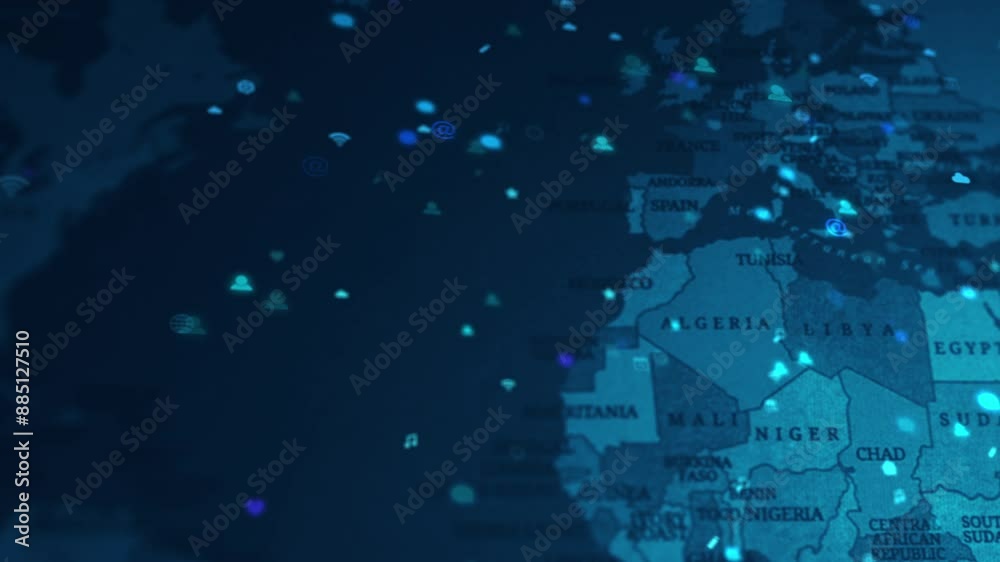 Poster Icon, hologram and world for global networking with communication, digital interface and virtual display. Technology, social and worldwide or international engagement, exchange and future economy