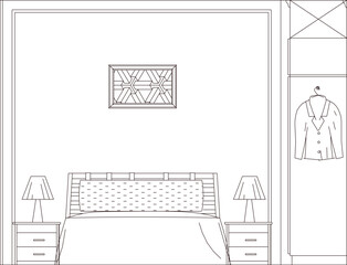 Sketch illustration silhouette vector detailed drawing architectural engineering design bedroom interior with modern furniture